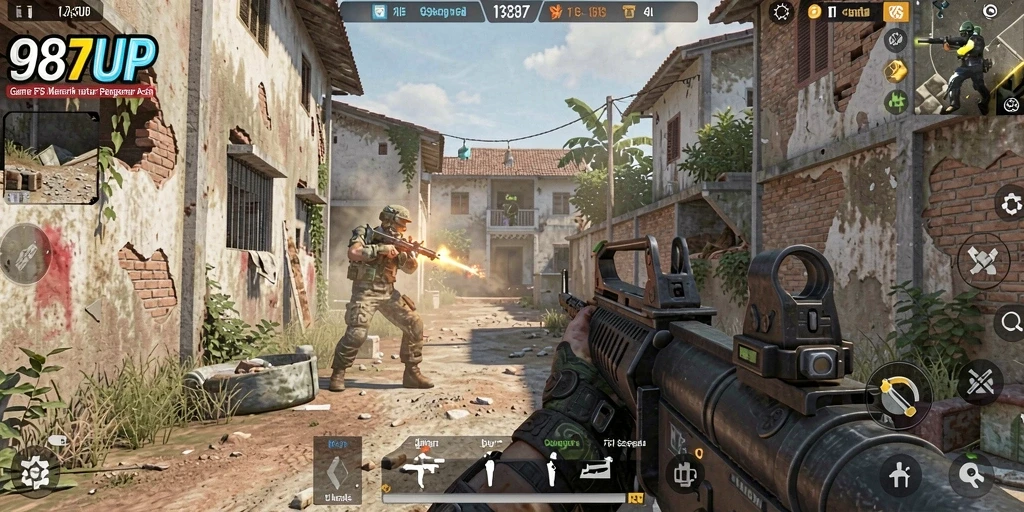 Screenshot menunjukkan aksi menegangkan dalam permainan FPS 987UP.