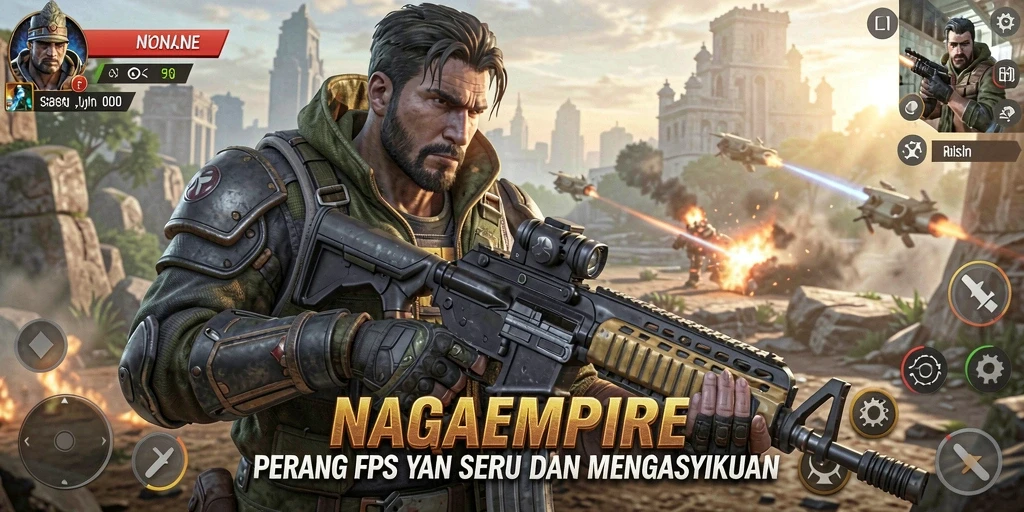 Screenshot gameplay NAGAEMPIRE menampilkan aksi tembak-menembak yang intens.