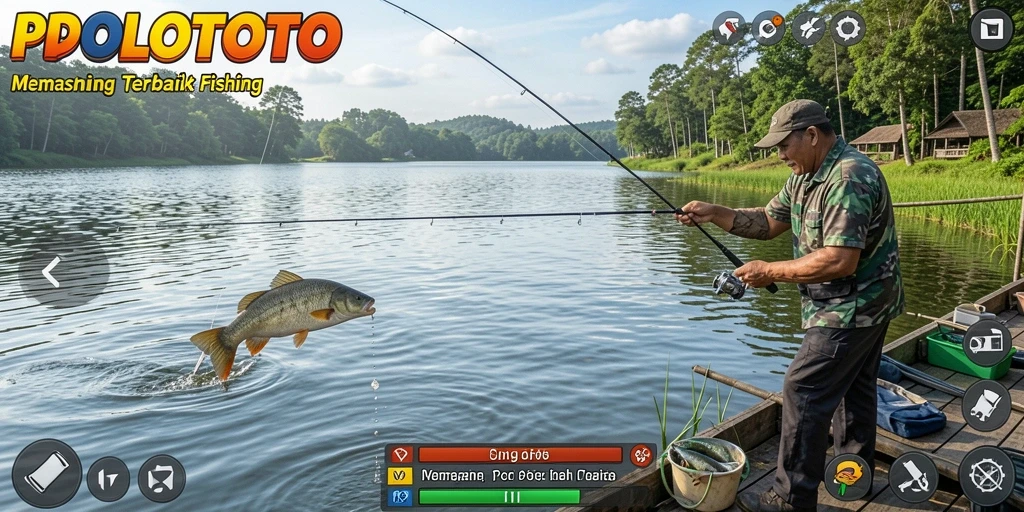 Tampilan gameplay nyata dari POLOTOTO saat memancing di danau.