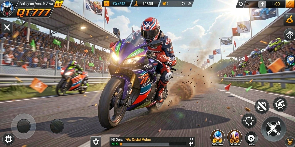 Screenshot gameplay QT777 menampilkan aksi balapan motor yang mendebarkan.