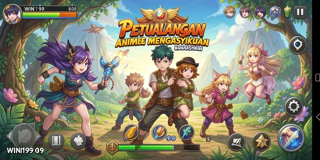 Tangkapan layar dari gameplay WIN199 yang menampilkan karakter anime ikonik.