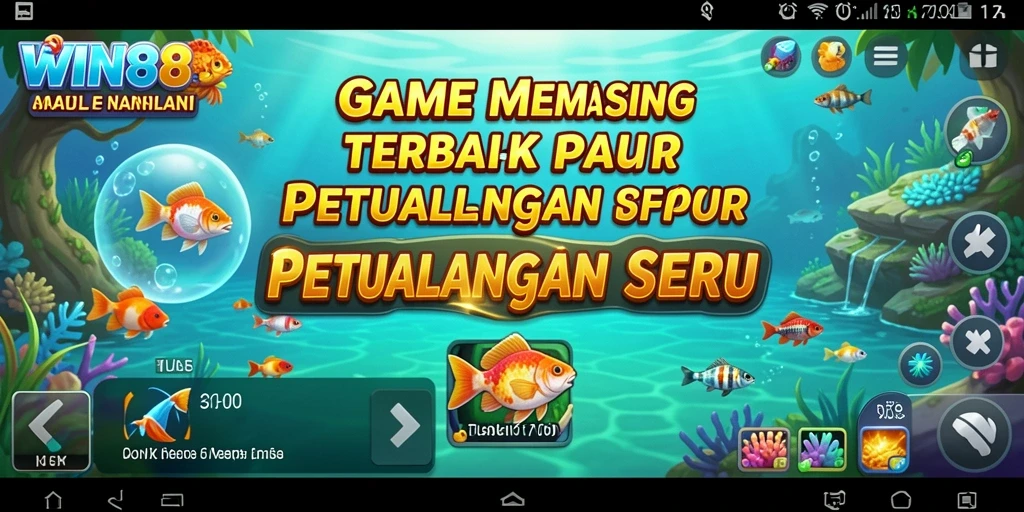 Tampilan gameplay WIN88 dengan ikan dan peralatan pancing yang beragam.